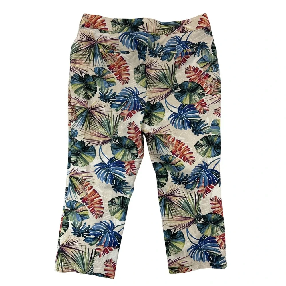 Chico's Pants Women 16 Multi Color Cropped Tropical‎ Botanical Cotton Blend
